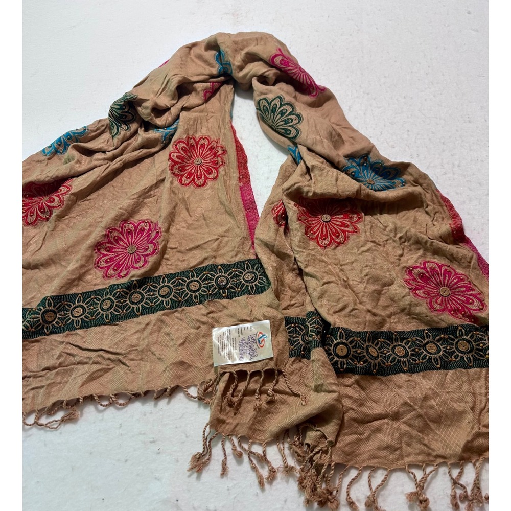 Lord Krishna Handicraft Exports Tan Floral Embroidered Beaded Scarf Wrap